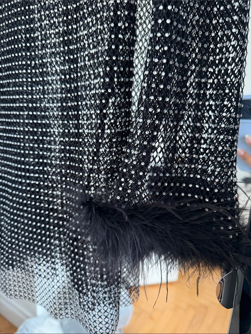 12th tribe Black Beaded Mesh Dress with Feather Cuffs - Picture 3 of 5
